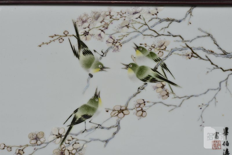 民国 毕伯涛粉彩四季鸣禽花鸟瓷板四条屏 - 图7